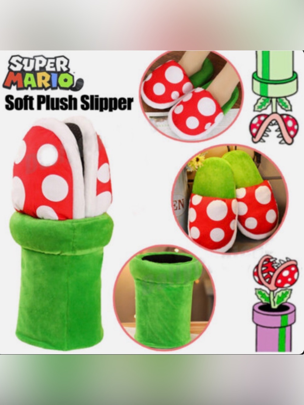 Super Mario Piranha Plant Plush Slippers with Green Pipe Pot Holder NWOT - Picture 4 of 4